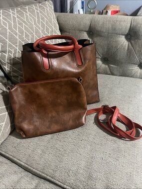 Source Unknown Brown Tote and Pouch with Red Handles and Strap